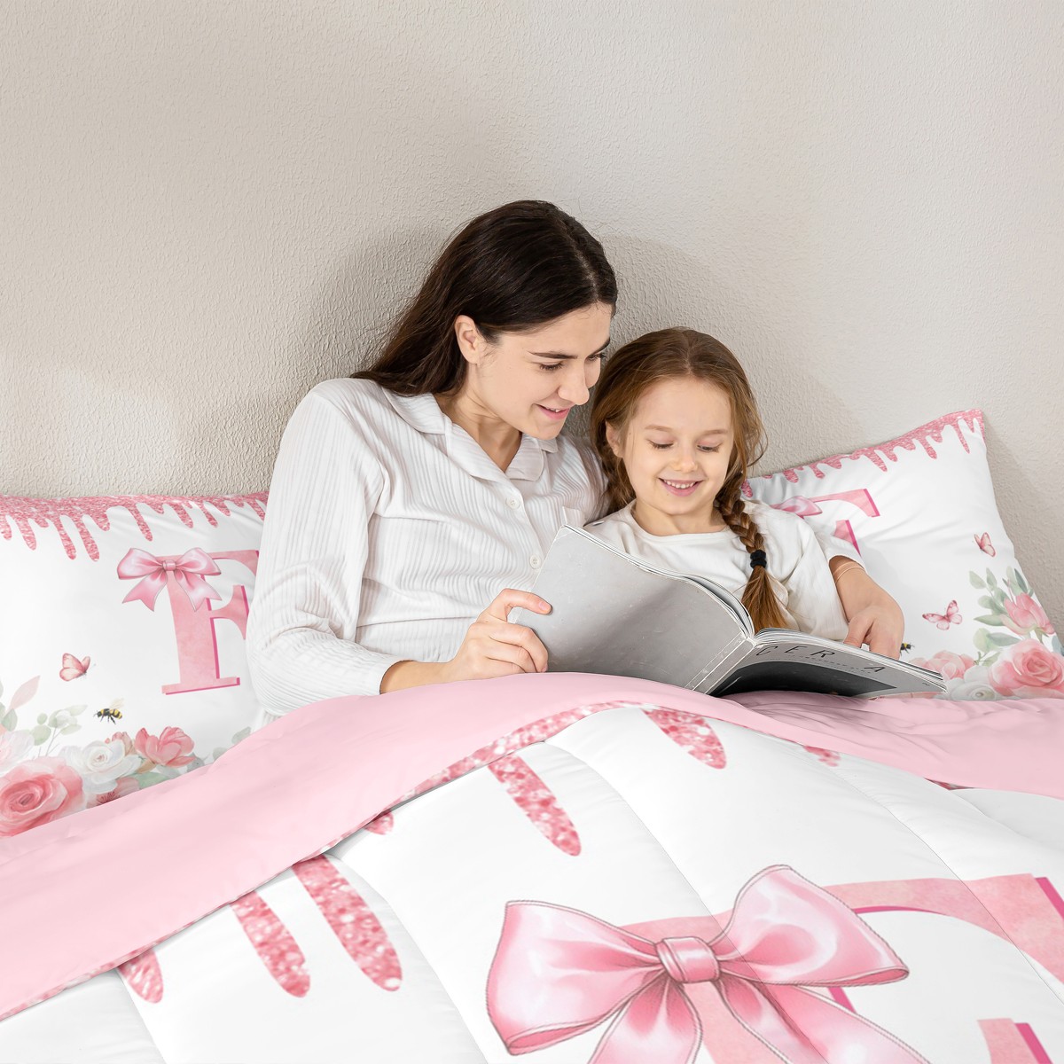 jejeloiu Initial Letter F Twin Bedding Sets 7-Piece,Vintage Rustic Flower Bedding Comforter Set,White Pink Bowtie Sheet Sets For Girls,Breathable Bedroom Decoration Reversible