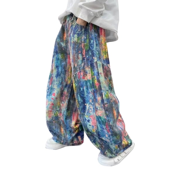 TIREOW Boys Colorful Graffiti Baggy Denim Pants Elastic Waist Straight Wide Leg Denim Trousers Trendy Casual Loose Fit Jeans