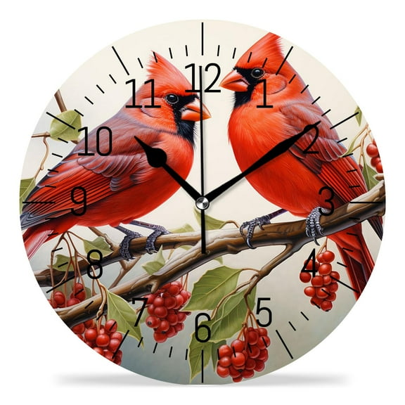 12 Inch Wall Clock Battery Operated Silent Clock Decorative for Office, Kitchen, Outdoor, Living Room，Cardinals on Branch Picture