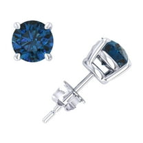 Natural 1.00Ct Round Cut Blue Diamond Basket Stud Earrings 14k White Gold Prong I2