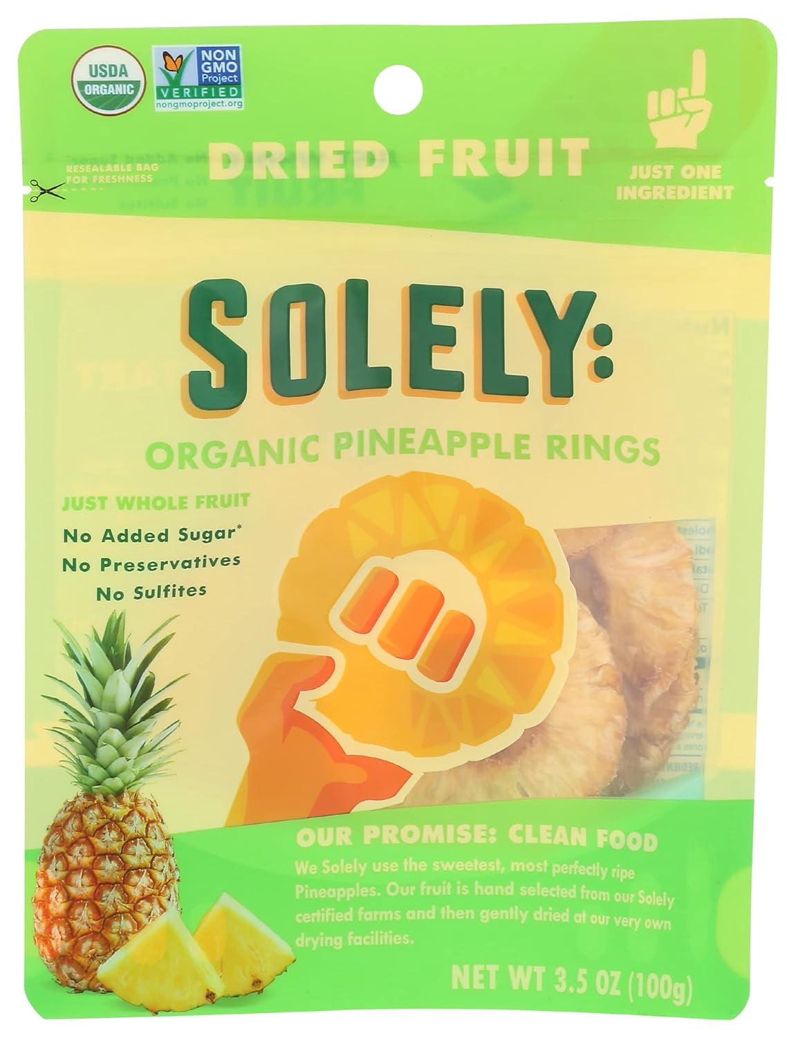 Solely Usda Organic Pineapple Rings Dried Fruit, Non-GMO, 3.5oz (3 Pack)