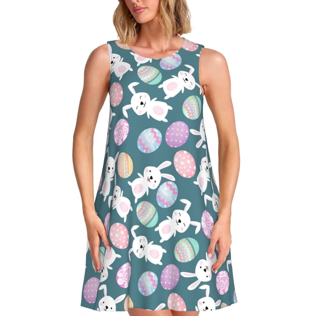 Easygdp Cute Rabbit Easter para Vestido Transpirable de Mujer, Vestido Suelto de Manga Corta con Pliegues y Bolsillos para el Verano