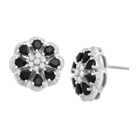 1 5/8 ct Natural Onyx Flower Stud Earrings with Diamonds in Sterling Silver