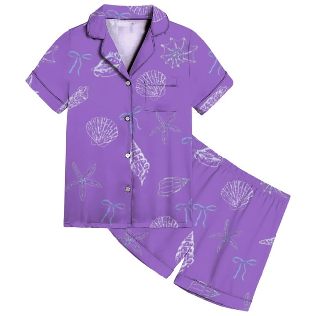 Girls Sleepwear Set Soft Satin Pajamas With Ocean Bow Print For Daily Casual Wear In Spring Summer Kids Ages 2 13