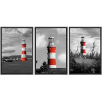 wall26 3 Panel Framed Canvas Wall Art - Bright Color Lighthouse with Black and White Landscape - Giclee Print Gallery Wrap Modern Home Art Ready to Hang - 16"x24"x3 Black