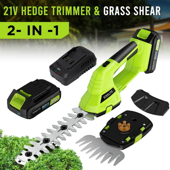 Steelite 21V Taille-haie Sans Fil - Cisaille à Gazon Électrique Portative 2 en 1 et Ensemble de Taille-Arbustes, Cisaille à Haie avec Batterie Lithium-Ion 2,0ah pour l'Entretien du Jardin et de la Pelouse