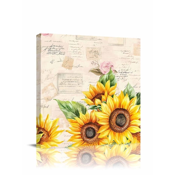 Rustic Sunflower Canvas Wall Art, Country Floral Pastoral Retro Letter Texture Framed Wall Decor Modern Artwork Prints Painting for Living Room, Bedroom, Kitchen & Cafe Decor 20x20 Inch