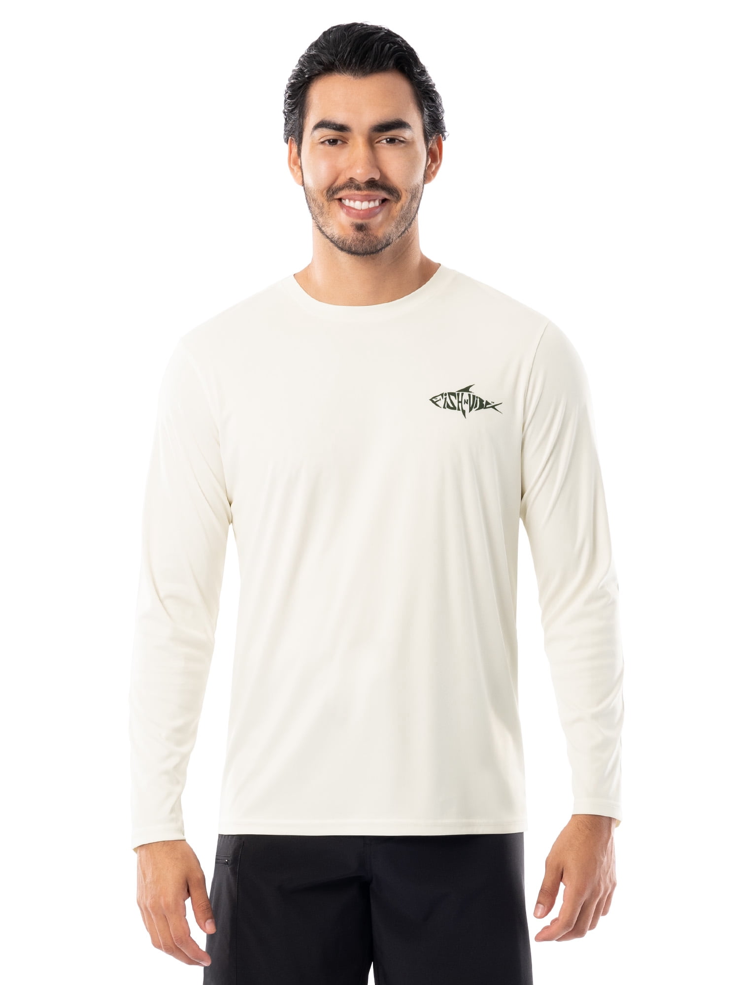 Fish N Vibe Men's Long Sleeve Performance Fishing Graphic Tee, Cream Swirly Rainbow Trout, Medium