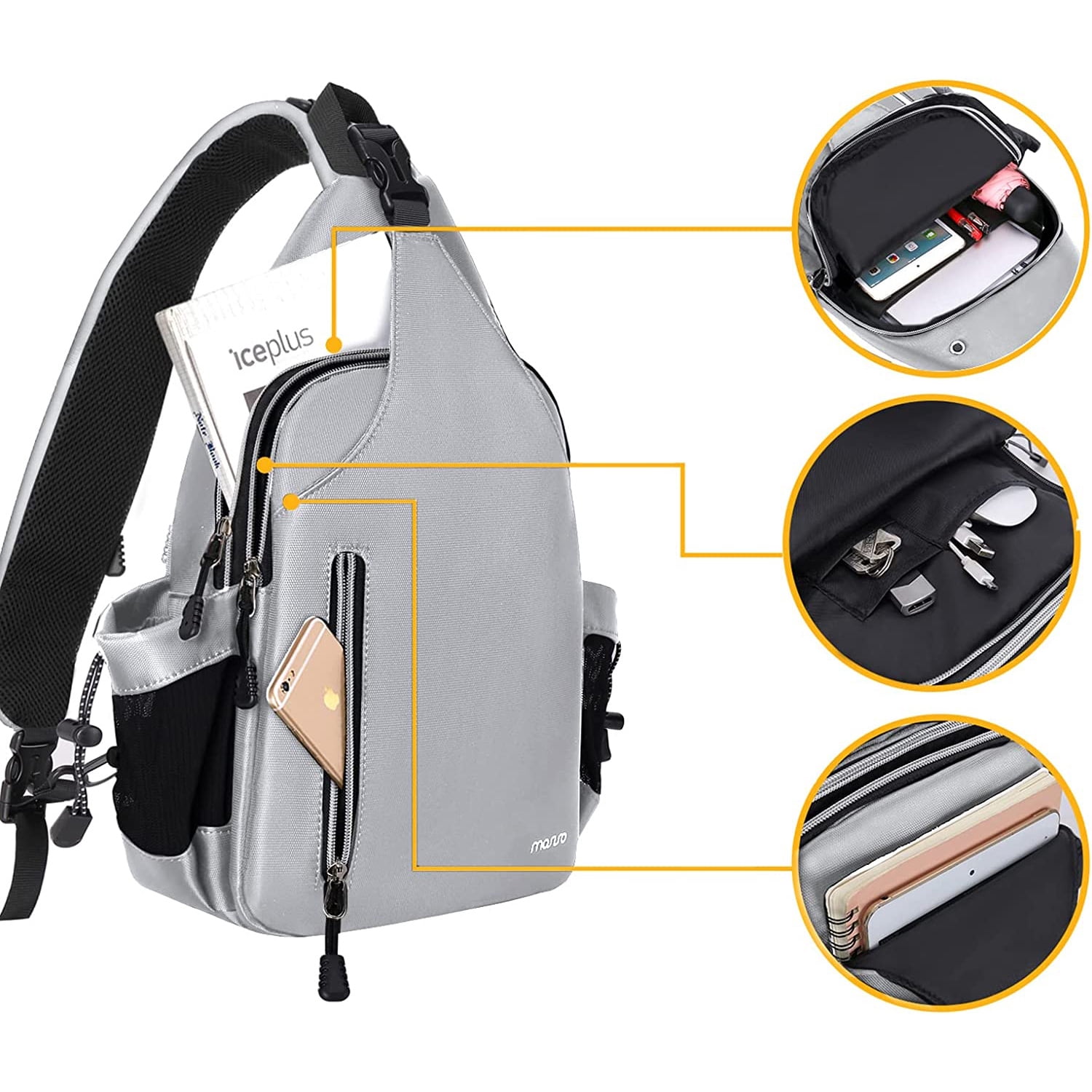 Mosiso Sling Backpack Chest Shoulder Bag Double Layer Hiking Daypack Men/Women,Gray