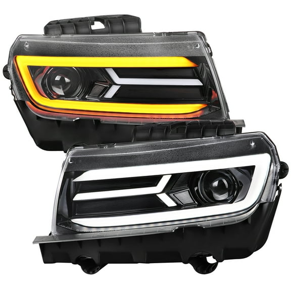 Spec-D Tuning LED Glossy Black Projector Headlights w/Switchback and Sequential Turn Signals Compatible with 2014-2015 Chevy Camaro, Left   Right Pair Headlamps Assembly