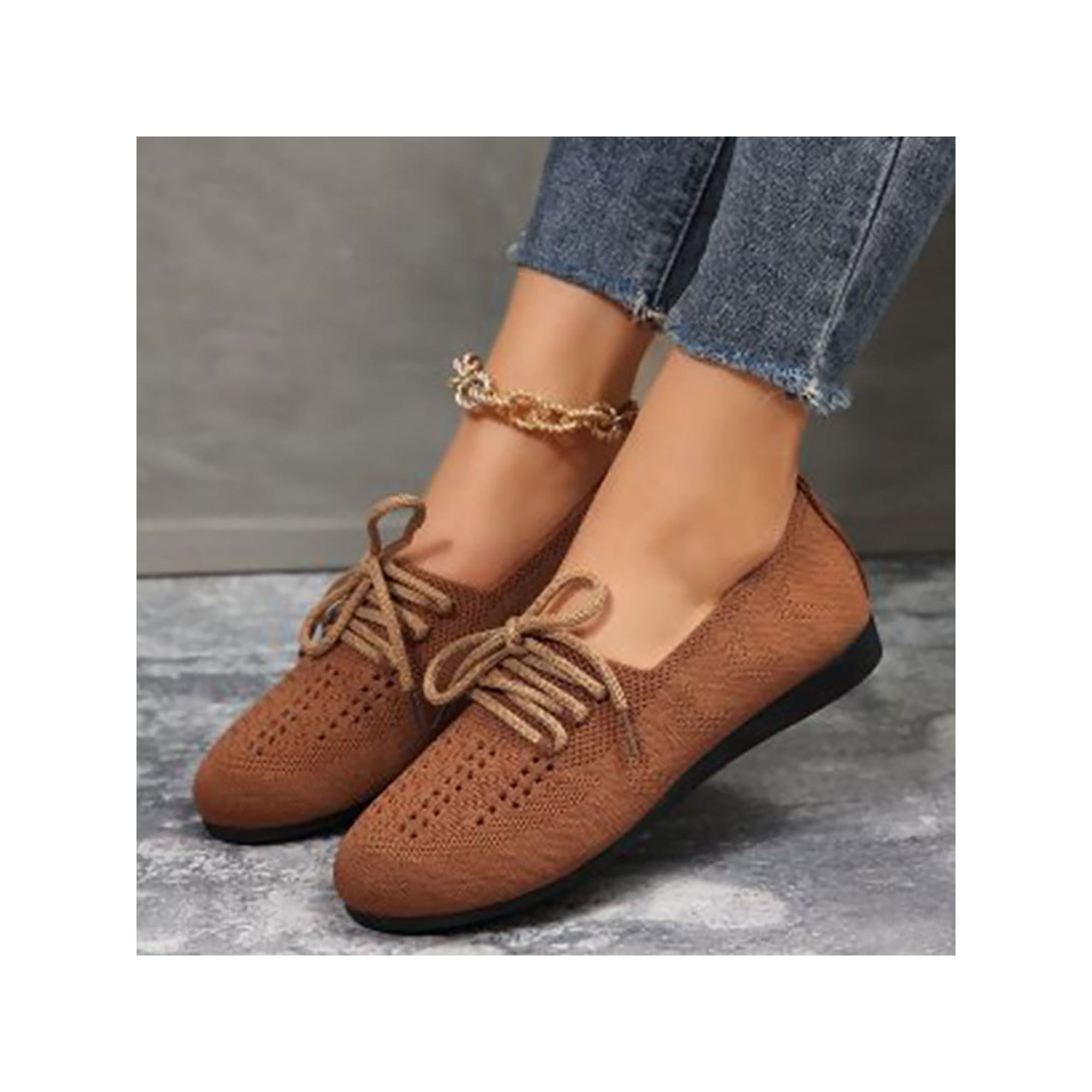 Woobling Women s Flats Round Toe Loafers Lace Up Flat Shoes Comfort Pumps Ladies Cozy Low Top Casual Brown 10