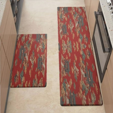 

Anti Fatigue Kitchen Mat China Style Retro Red Sets of 2 Kitchen Rugs Non Slip Cushioned Standing Mat for Sink Floor Laundry Office Desk 2X Mid 17.3 x 29