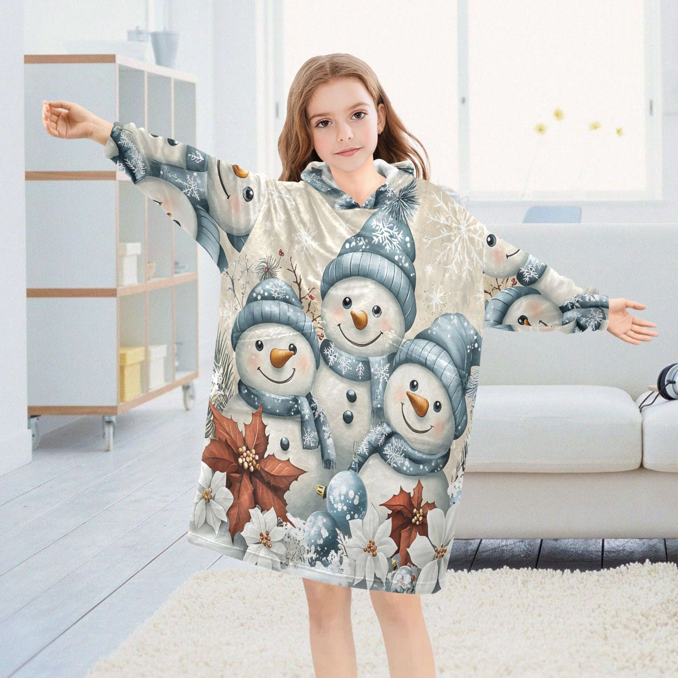 joogoo Wearable Blanket Hoodie Snowman Retro Poinsettia for Flannel Sherpa Pocket 3-14 YR S