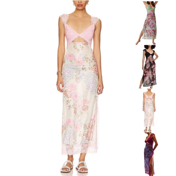 Vetsdori Womens Sleeveless Midi Dresses Sundress Summer Slip Dress Tank Black Floral Print,Casual Dress for Women V-Neck