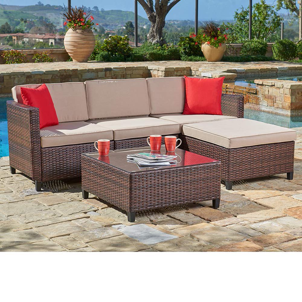 SUNCROWN Outdoor Patio Furniture Brown Wicker Sofa Sectional Sets (5