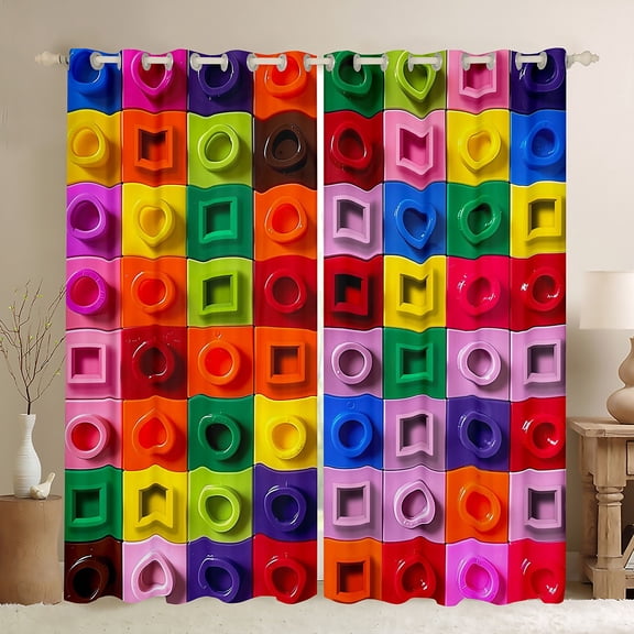 jejeloiu Building Block Game Black Out Curtains,Colorful Geometric Brick Curtains Pack of 2 (42x63 Each),Toy Gaming Bedroom Curtains For Boys Kids,Ultra Soft Home Decor