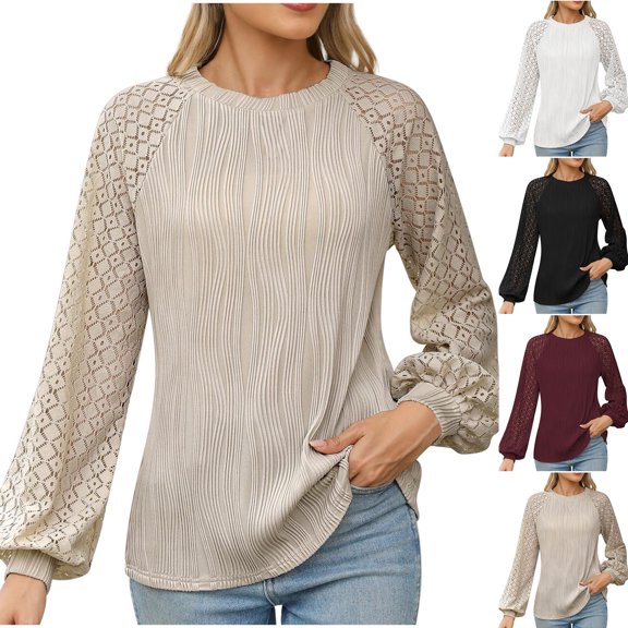 ATOYSOY Women's Solid Color Pullover Outwear Casual Elegant Shirts Fashion Loose Lace Raglan Tops Long Sleeve Tees Fall Winter Crew Neck Sweatshirts Beige L