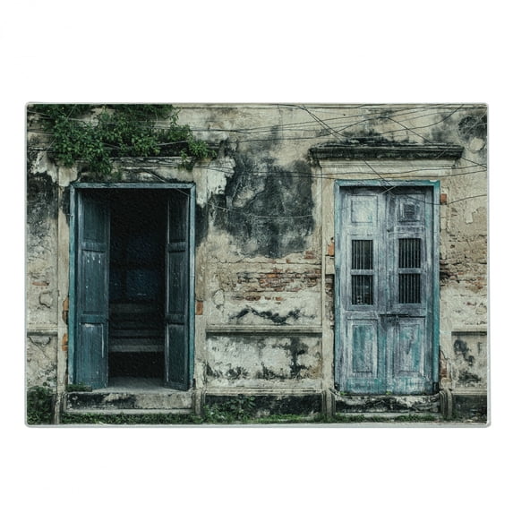 Rustic Cutting Board, Doors of Old Rock House French Frame Details in Countryside European Past Theme, Decorative Tempered Glass Cutting and Serving Board, Small Size, Teal Grey, by Ambesonne