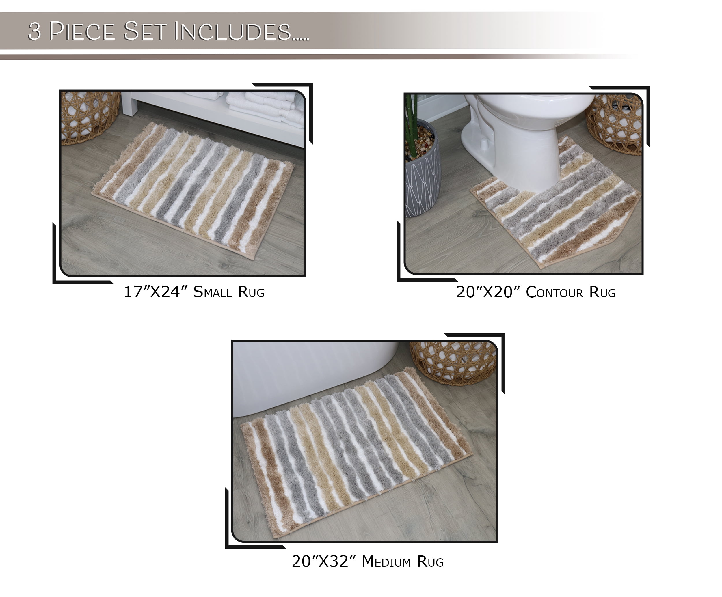 Bathroom Rugs Set of 3, Soft Microfiber Bath Mats, Absorbent & Quick Drying, Non-Slip Rubber Backing, Machine Washable Bathroom Floor Mats for Tub, Shower, Sink – 17x24, 20x32, 20x20 Linen