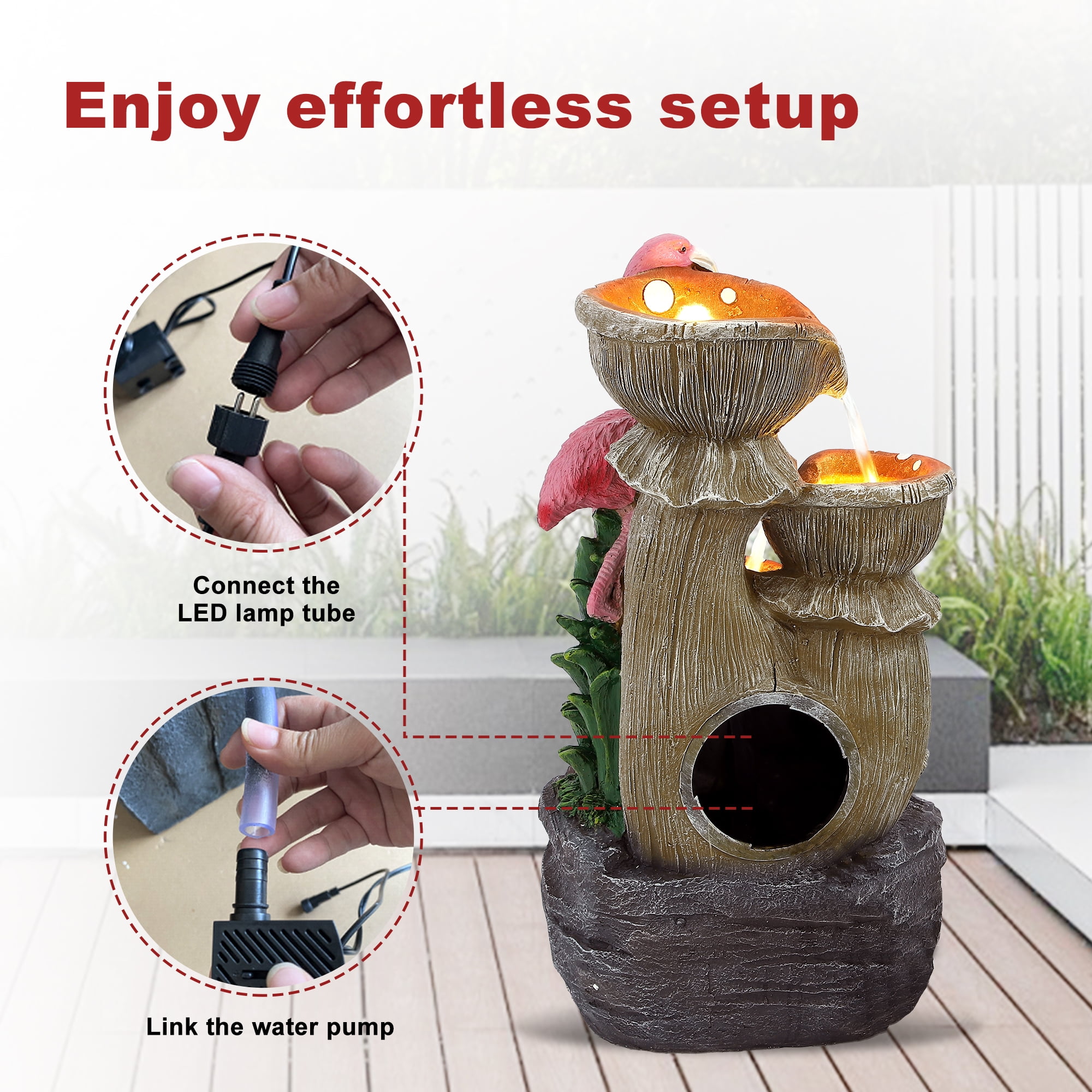 Haverchair 5 Tier Outdoor Flamingo Rock Fountain with Running Water, Bird Decorative Art with 5 LED Lights for Garden, Backyard and Porch, 24.4" H Cascading Stone Fountain