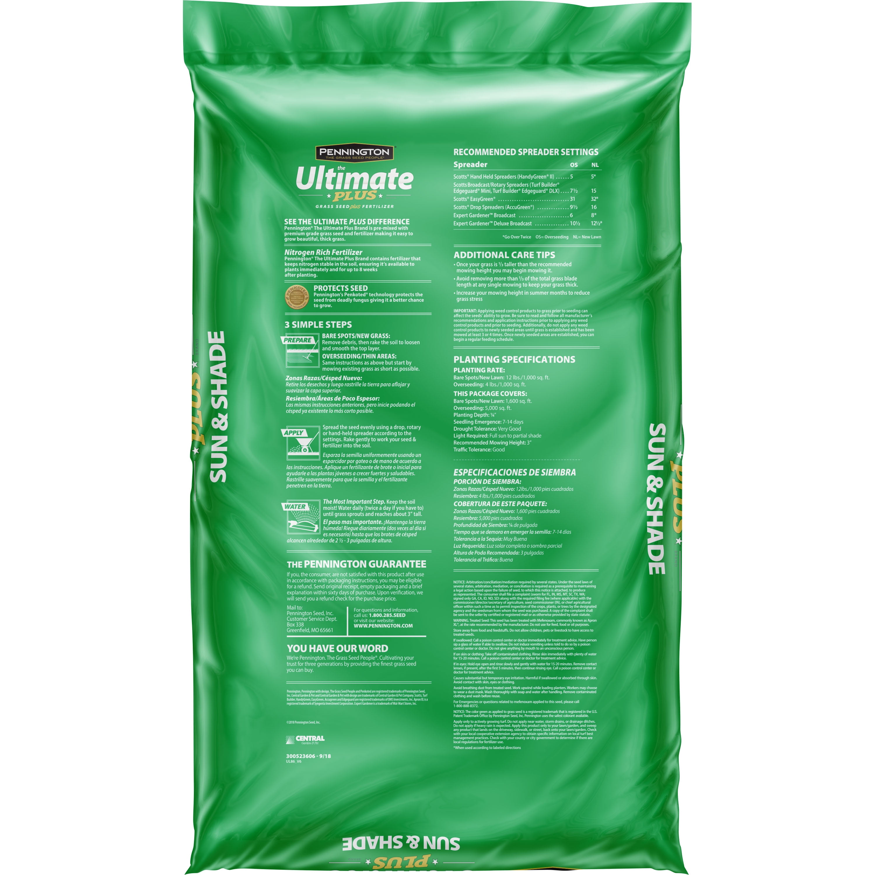 Pennington Ultimate Plus Northern Grass Seed and Fertilizer Mix, Sun to Partial Shade, 20 lb.