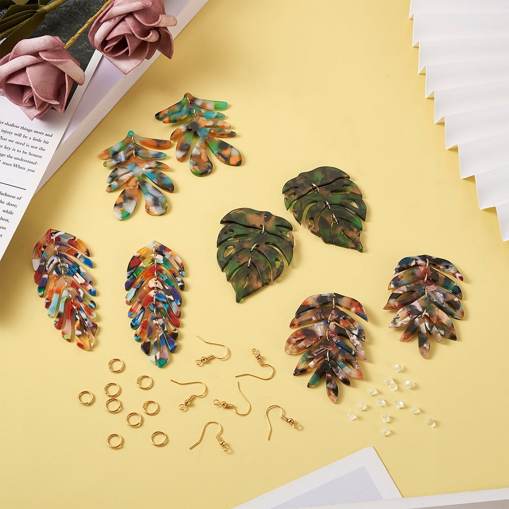 1Box DIY Monstera Leaf Dangle Earring Making Kits Including Cellulose Acetate(Resin) Pendants Brass Earring Hooks Mixed Color 90Pcs/box