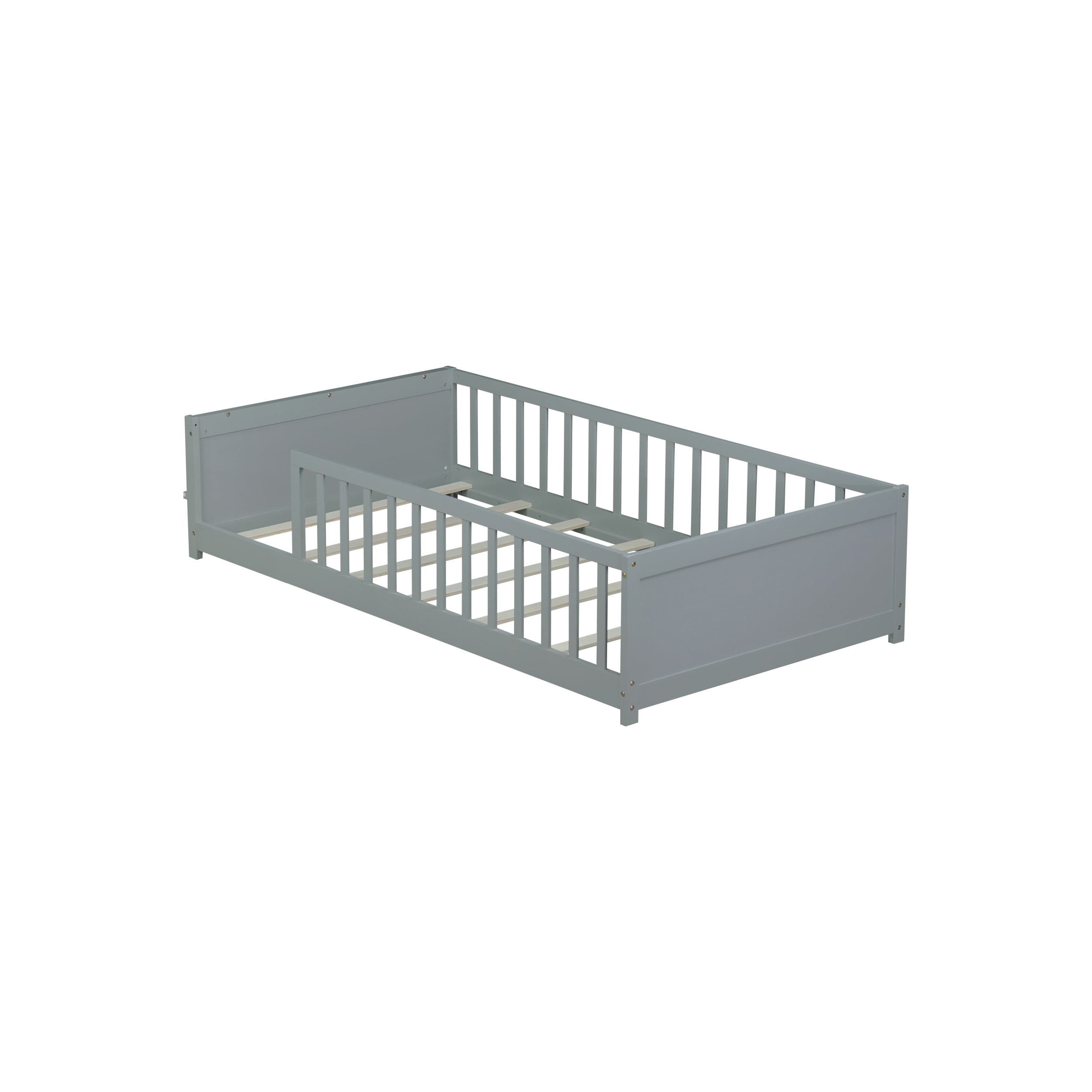 Twin Size Wooden Platform Bed with Safety Guardrails & Built-in Bookshelf, Montessori Kids Floor Bed Frame with Opening