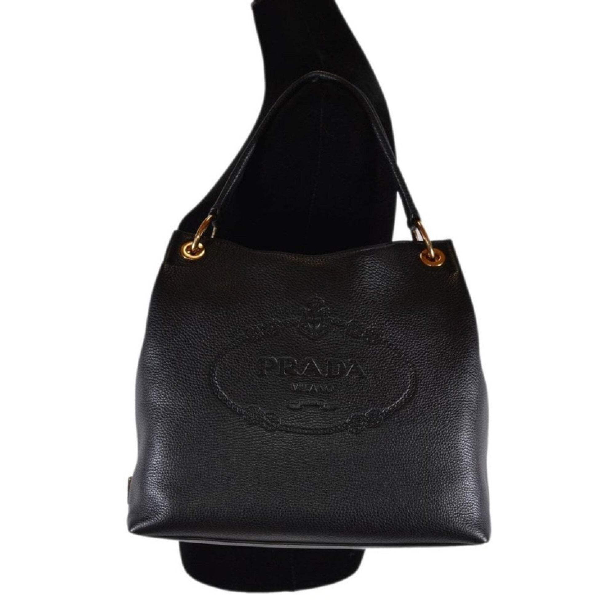 New Prada Vitello Phenix Black Leather Embossed Logo Hobo