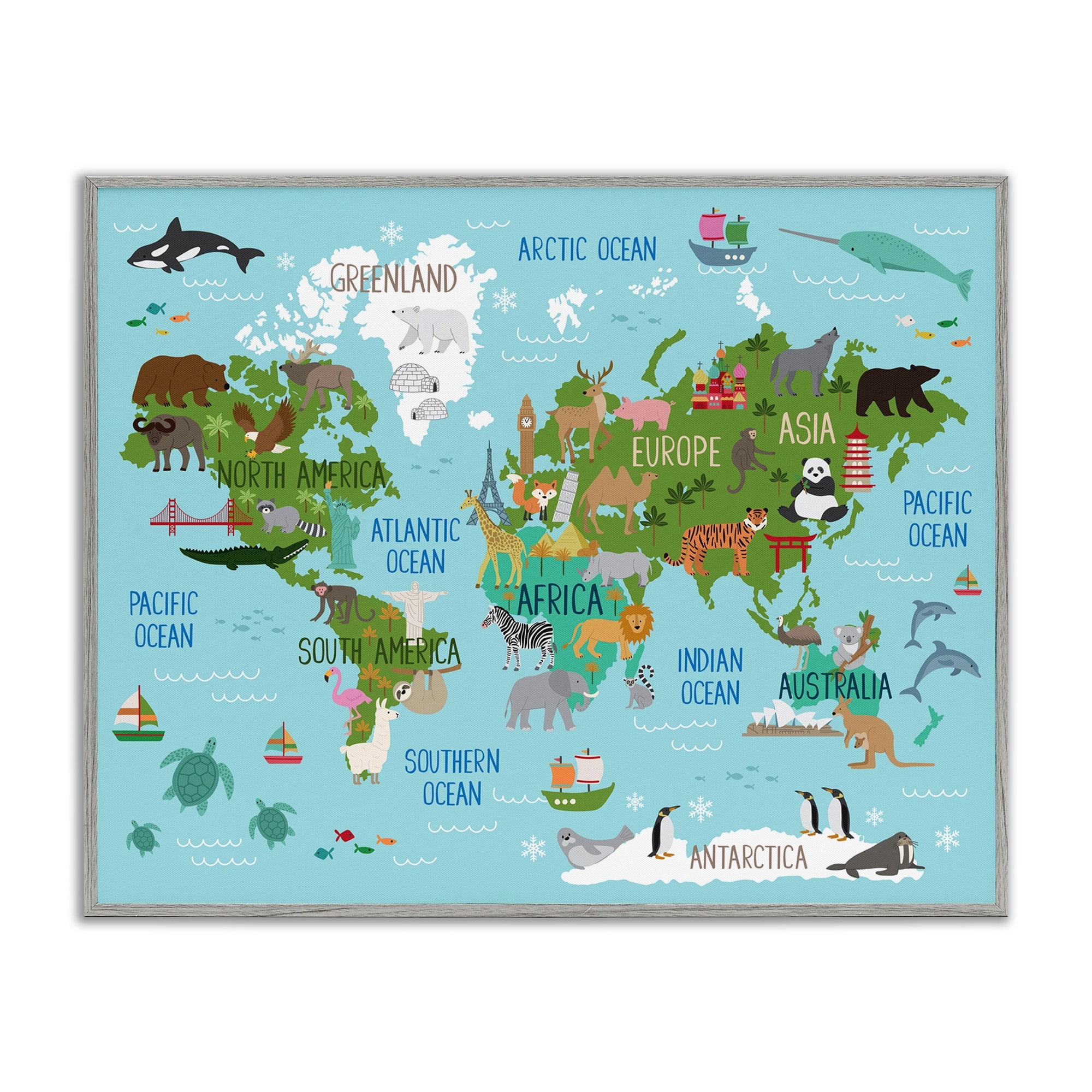 Stupell Industries Kid's Animal World Map Favorite Regional Wildlife, 11 x 14, Designed by Lisa Whitebutton
