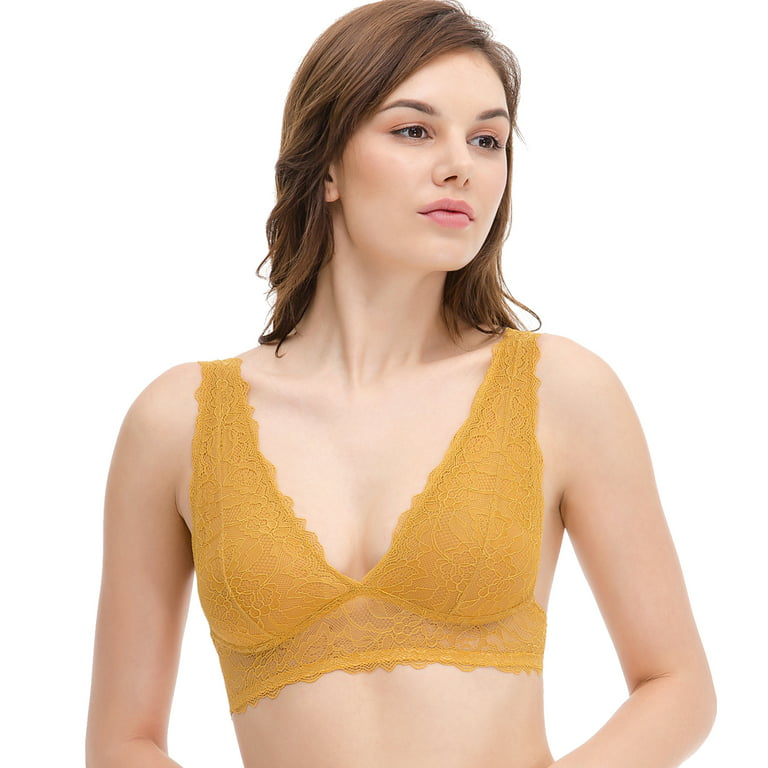 Curve Muse Plunge Bralette with Floral Lace-2pack-YELLOW,BEIGE-L