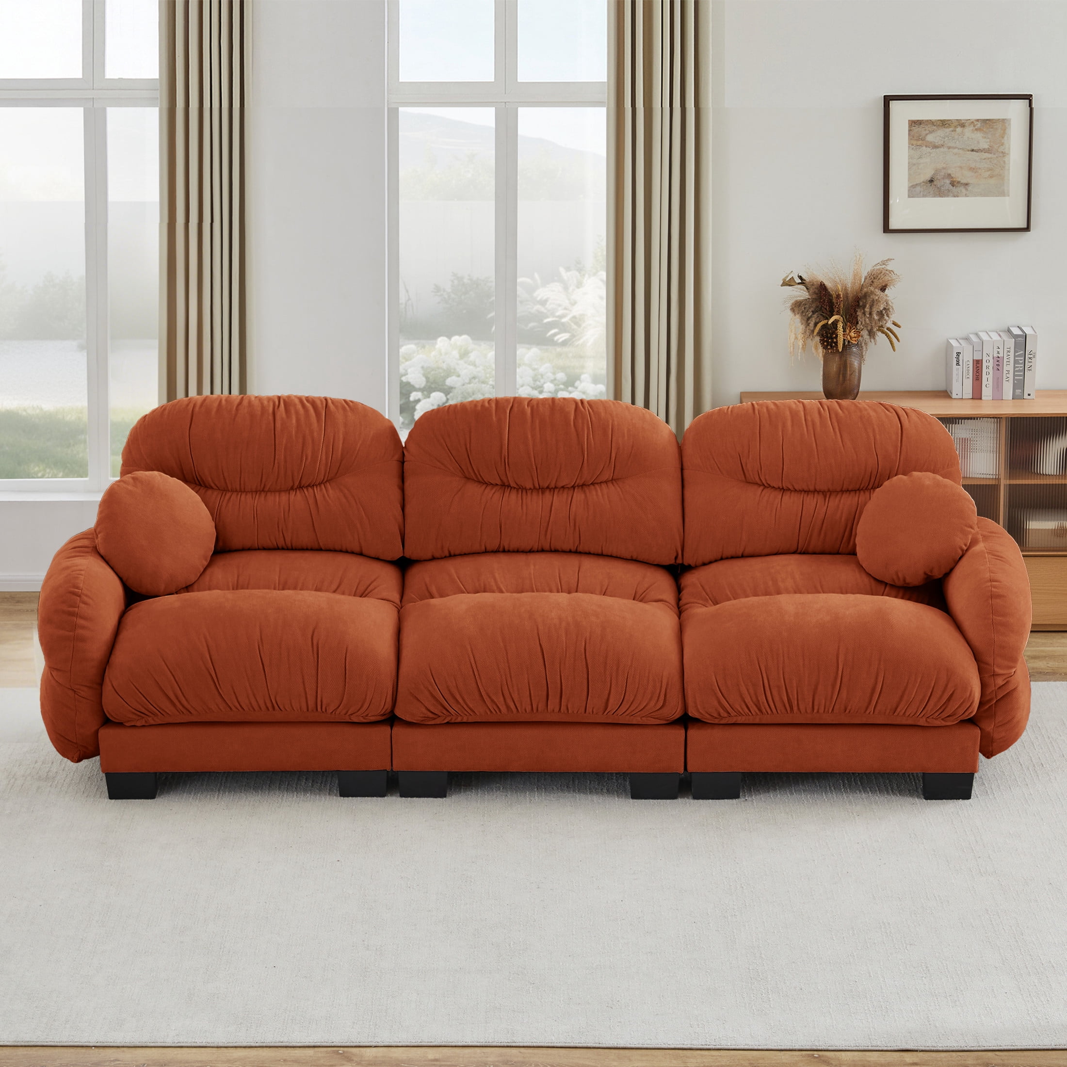 Noble House Corlan Pleated Chenille 3-Seater Sectional Sofa, Modular Deep Seat Couch with Throw Pillows, Orange