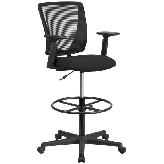 Flash Furniture Harper Ergonomic Mid-Back Mesh Drafting Chair with Black Fabric Seat, Adjustable Foot Ring and Adjustable Arms