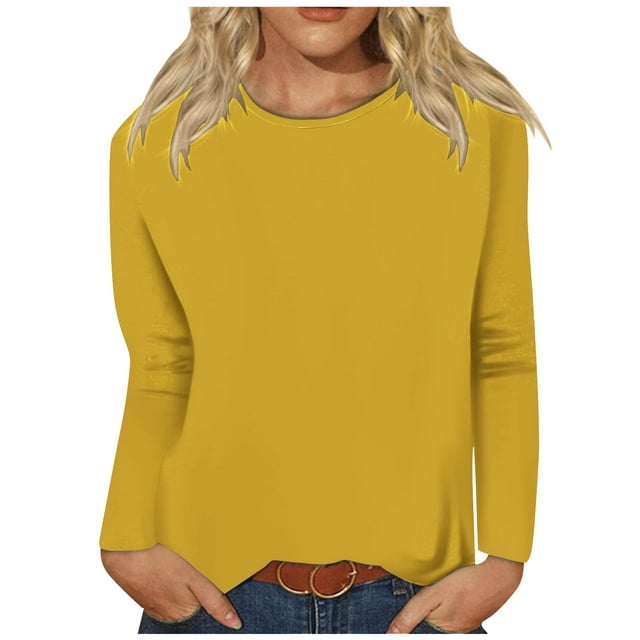 Timegard Womens Tops Long Sleeve Round Neck Solid Color Basic Tee Fall Casual Comfy Loose Tops Blouse