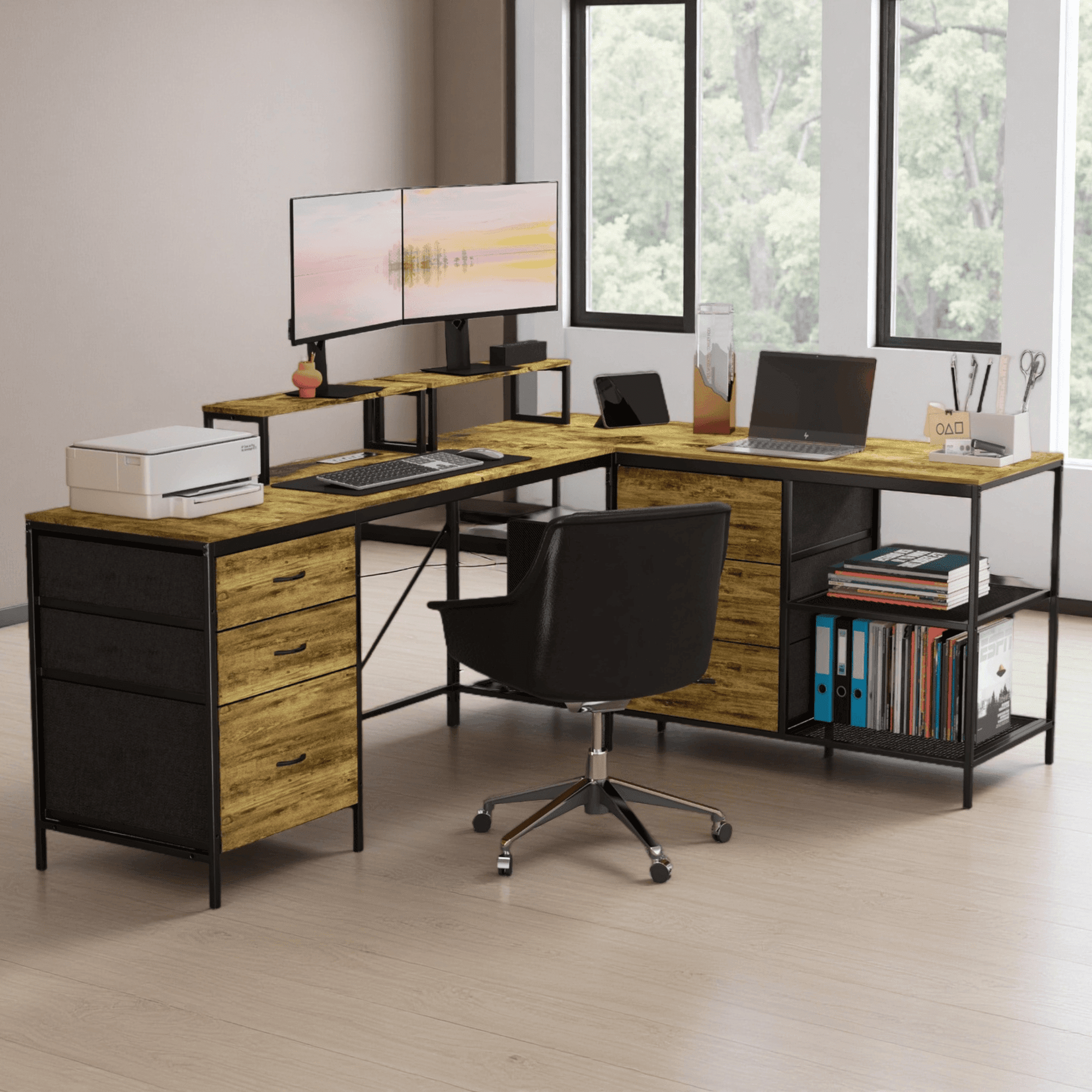 71 Inch Executive L Shaped Desk With Power Outlets & File Drawers - Reversible Corner Office Desk