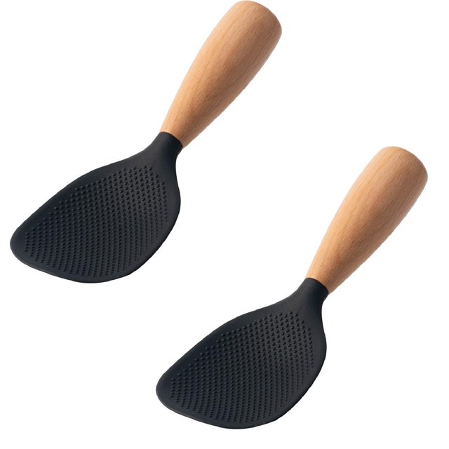 Oleegame 2PC Stainless Steel Cutlery Set Silicone Rice Spoon Kitchen Utensils Cooking Wooden Rice Rice Spatula Rice Rice Serving Spoon Scoop Reusable Rice Spoon Wood Tablespoon Handle Black