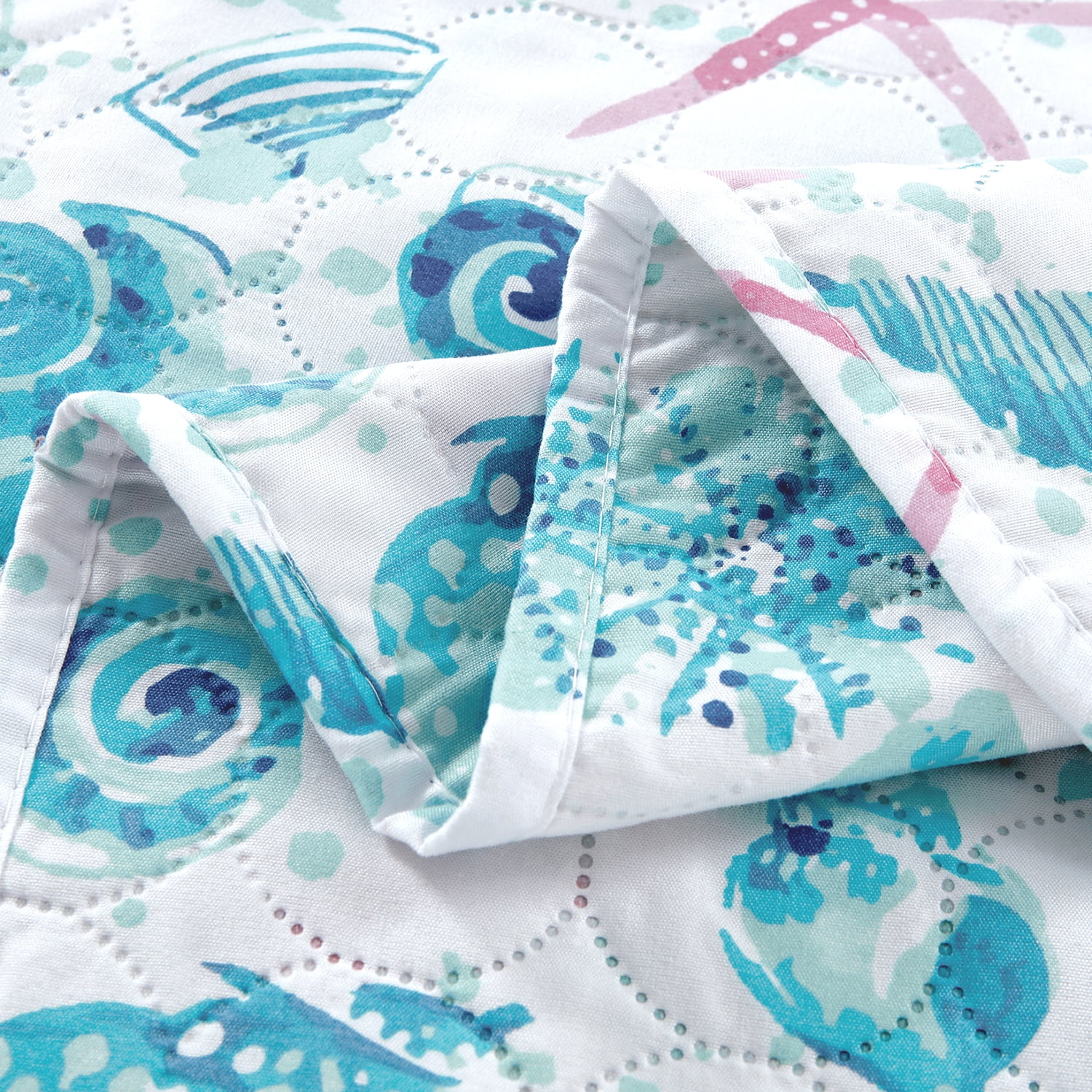 Kebury Coastal Beach Theme Quilts Bedding Set King Size Lightweight Patchwork Ocean Bedding Coverlets Conch Blue Seashell Starfish Seaweed Bedspreads (1 Quilt, 2 Pillow Shams)