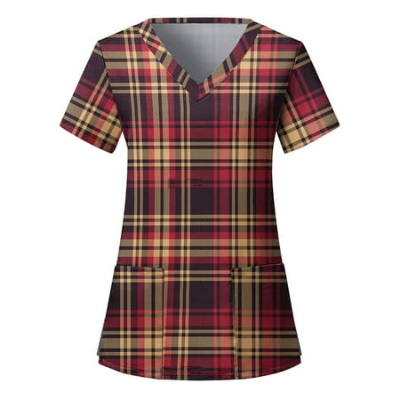 

TAIAOJING Women s Scrub Top Ladies Casual Christmas Plaid Print Short Sleeve Pocket Loose Top Care Workwear
