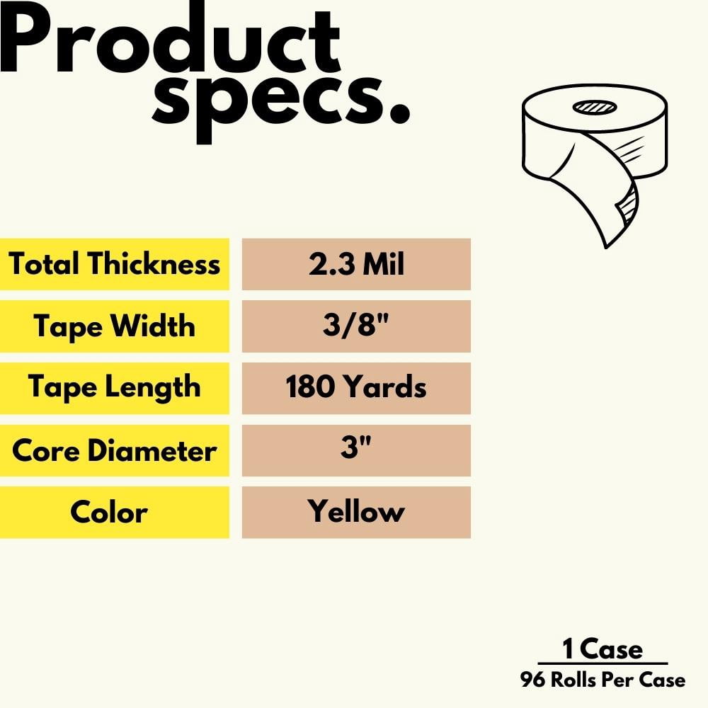 SSBM 3/8" x 180 Yards High Quality Yellow Poly Bag Tape, 2.3 Mil, Durable, General Purpose, 96 Rolls