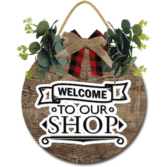 Eveokoki 12" Welcome Our Shop 01 Door Sign Plaque,Welcome Wall Hanging Signs Front Door Decor Home Decorative Door Sign Wooden Plaque Hanger for Bedroom Porch Yard Decoration