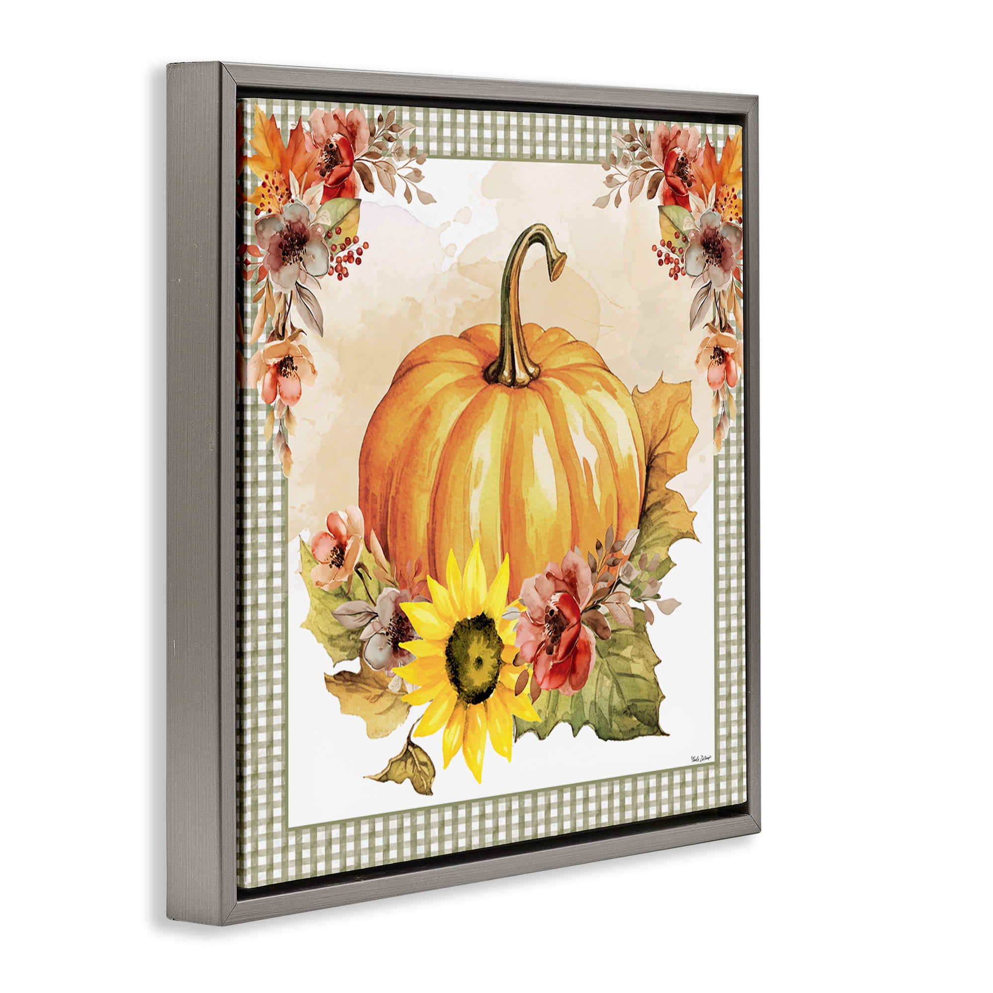 Stupell Industries Pumpkin with Flower Accent Botanical & Floral Painting Gray Floater Framed Canvas Art Prints Wall Art, 25 x 25