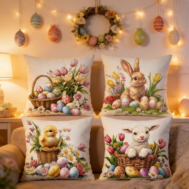 Funda de almohada corta de felpa, 4 piezas, conejitos de Pascua y patrones de huevos de Pascua, fundas de almohada decorativas para sofá, decoración de Pascua para el hogar, juegos de colcha y cubreca