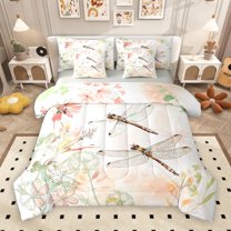 Manfei Country Dragonfly 7 Pieces Bedding Comforter Set,Rustic Farmhouse Cabin Full Bedding Set,Colorful Country Flower Floral Fitted Sheet Flat Sheet For Kids,Microfiber Bedroom Decor Reversible