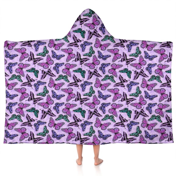 Purple Butterfly Pattern Hooded Bath Towel,50"x30" for Ages 3 To 12 Kids, Quick Dry Lightweight Soft Microfiber Hood Beach Towel Cover Up for Kids