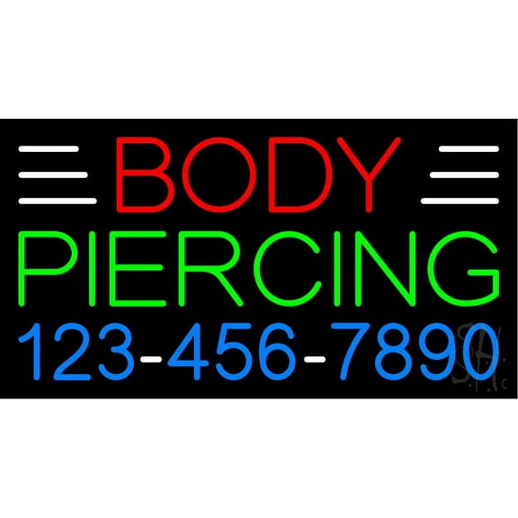 Body Piercing with Phone Number LED Neon Sign 13" Tall x 24" Wide - inches Black Square Cut Acrylic Backing, with Dimmer - Premium built indoor Sign for Storefront, Store interior, Studio.