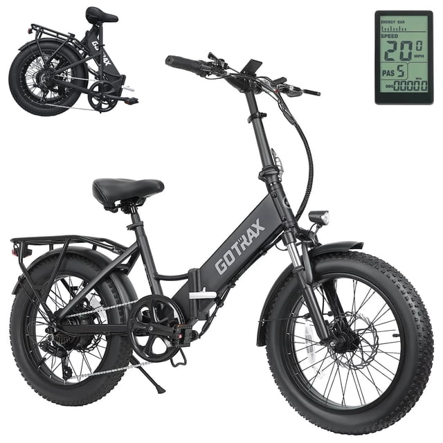 gotrax bicicleta eléctrica plegable f2 para adultos, bicicleta eléctrica con neumáticos gruesos de 500w/48v/20mph/20 x 3 con pantalla lcd, negra — 3/4 frontal de la Gotrax F2 en negro con cuadro de aluminio plegable, neumáticos 20 x 3, motor trasero 500 W, horquilla de suspensión delantera, guardabarros y portaequipajes trasero; asiento ajustable, manillar con pantalla LCD y faro LED, frenos de disco dobles y cambio Shimano; incluye vista plegada y primer plano de la pantalla LCD; a menudo usada para desplazamientos urbanos y transporte multimodal.