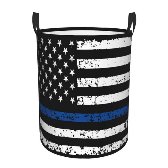 Balery Thin Blue Line Flag Cesta de ropa redonda con asas, impermeable, independiente, para ropa, juguetes, dormitorio y familia-Small