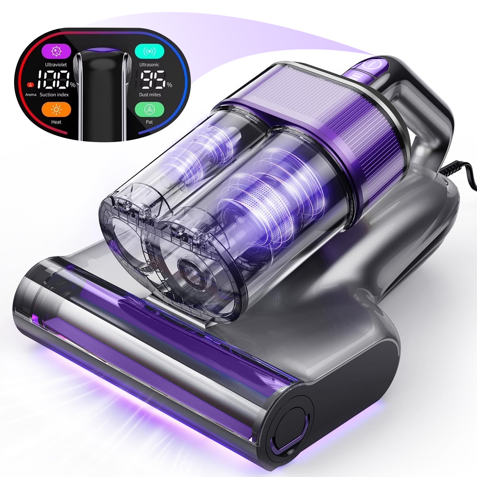 Maircle Mattress Vacuum Cleaner with UV Light, Bed Vacuum with Dust Detection, 18KPa Handheld Vacuum with LED Display, 40,000 Beats/Min Tapping, 150°F Heat, HEPA Filter for Bed, Couch