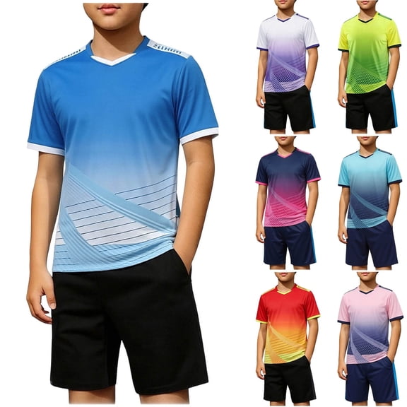 Kids Football Kits 2 Pieces Boys Soccer Jersey Sets Quick Dry Breathable Gym Shorts and T-Shirt Set Sports Outfit Basketball Tracksuits for School PE Training Running Children 5-17 Years