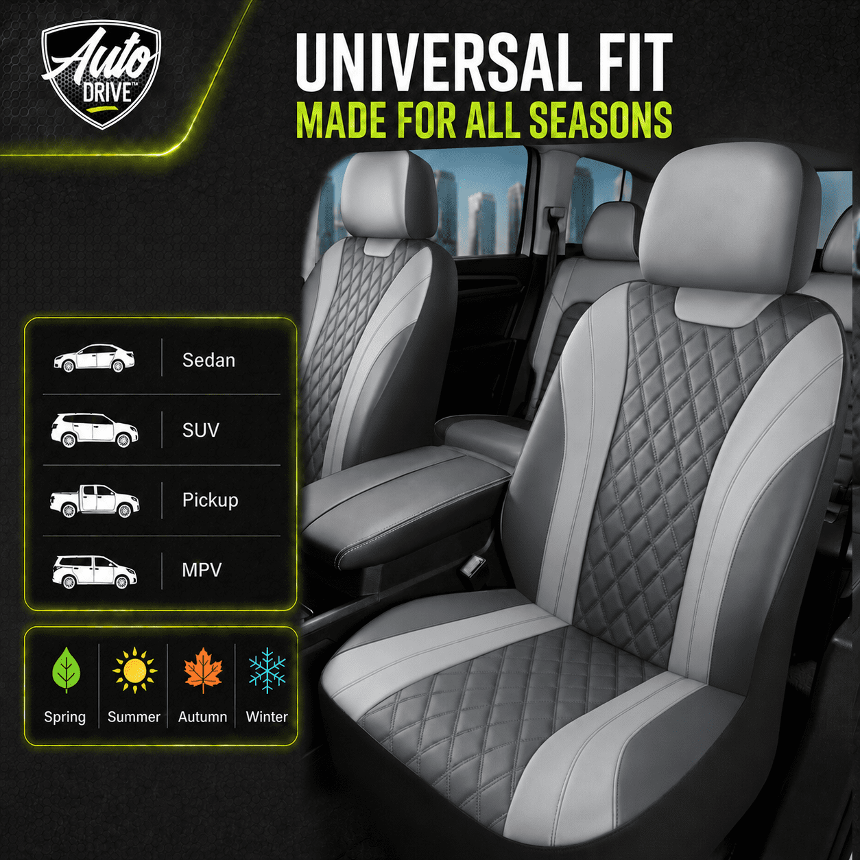 Auto Drive Car Seat Covers, Diamond Quilted Two-Tone Car Seat Covers Set, Universal Fit for Two Front Seats, Airbag Compatible for Cars, SUVs and Trucks Green Front Seat