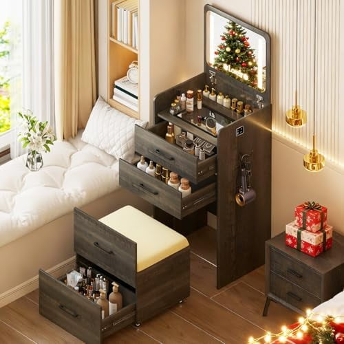 3 in 1 Vanity Desk with Plip Top LED Mirror Small Dressing for Bedroom Rustic Oaky, Compact Dressing Table Set with Visible Glass Desktop,3 Drawers,Storage Compartment and Padded Stool